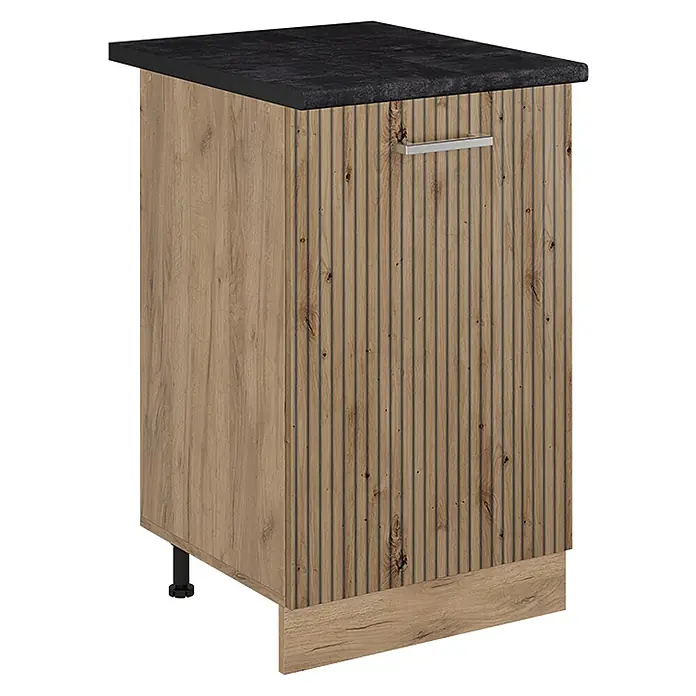Küchenunterschrank R-Line 50 cm Artisan-Eiche Art.-Nr. 70307 -  - Heller Holzunterschrank mit schwarzer Arbeitsplatte, geriffelter Front und Metallgriff.