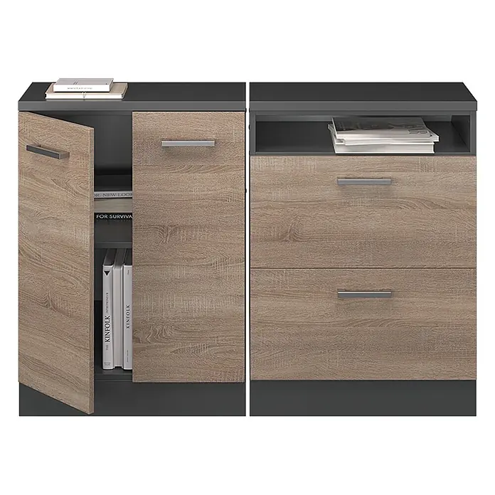 Küchenschrank für Dachschrägen R-Line 120 cm Sonoma Art.-Nr. 60290 -  - Modernes zweifarbiges Sideboard in heller Holzoptik und Dunkelgrau. Mit offenem Fach, Flügeltür und zwei Schubladen mit silbernen Griffen.