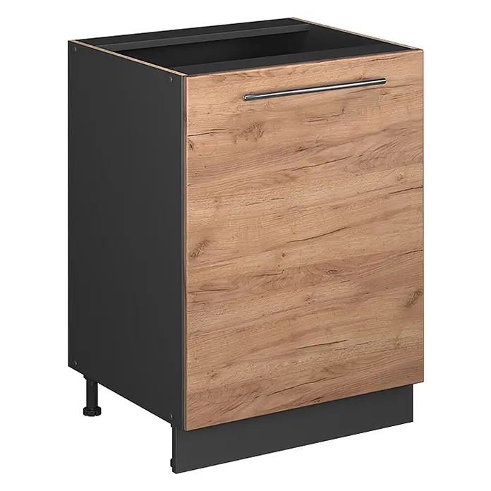Küchenunterschrank Fame-Line 60 cm Goldkraft Eiche Art.-Nr. 65161 -  - Dunkelgrauer Küchenunterschrank mit Eichenoptik-Tür und silbernem Griff.
