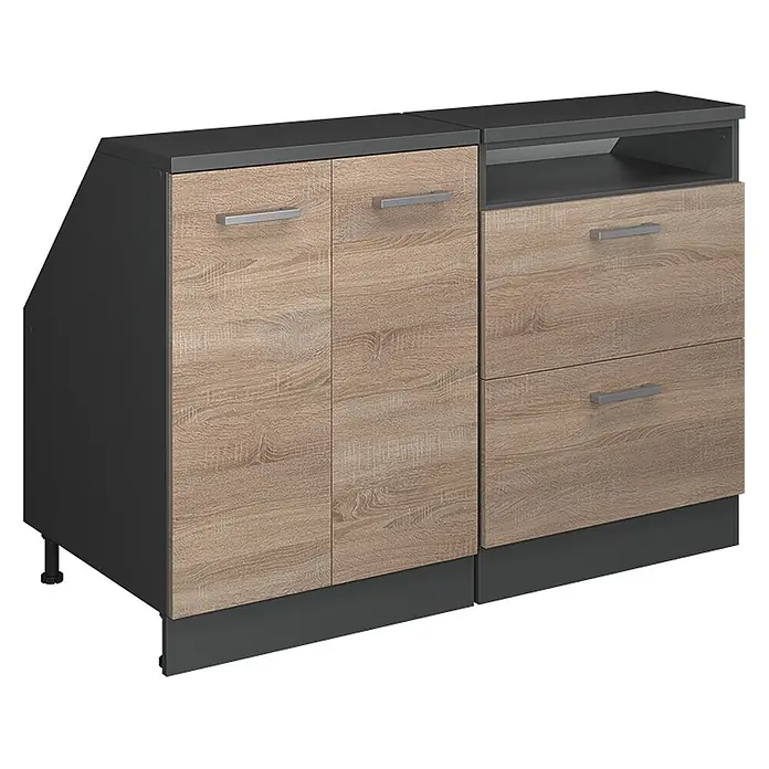 Küchenschrank für Dachschrägen R-Line 120 cm Sonoma Art.-Nr. 60290 -  - Modernes Sideboard in Dunkelgrau und heller Holzoptik mit Türen, Schubladen und offenem Fach.