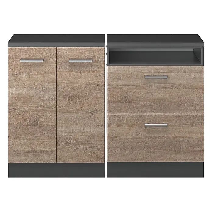 Küchenschrank für Dachschrägen R-Line 120 cm Sonoma Art.-Nr. 60290 -  - Heller Holzimitatschrank und Kommode mit dunkelgrauen Oberseiten und Sockeln.