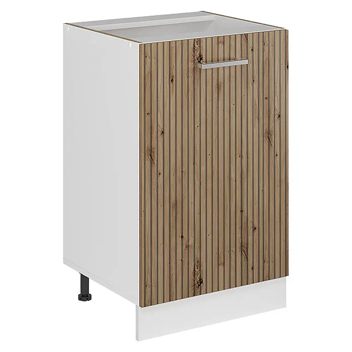 Küchenunterschrank R-Line 50 cm Artisan-Eiche Art.-Nr. 70067 -  - Weißer Küchenunterschrank mit geriffelter Holzoptikfront, silbernem Griff, weißem Sockel und verstellbaren Füßen.