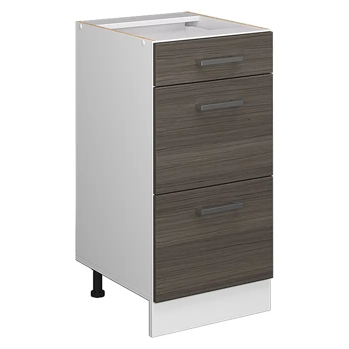 Küchenfront R-Line 39.6 cm Edelgrau Art.-Nr. 37440 -  - Weißer Küchenunterschrank mit drei dunklen Holzschubladen, Metallgriffen und weißem Sockel.