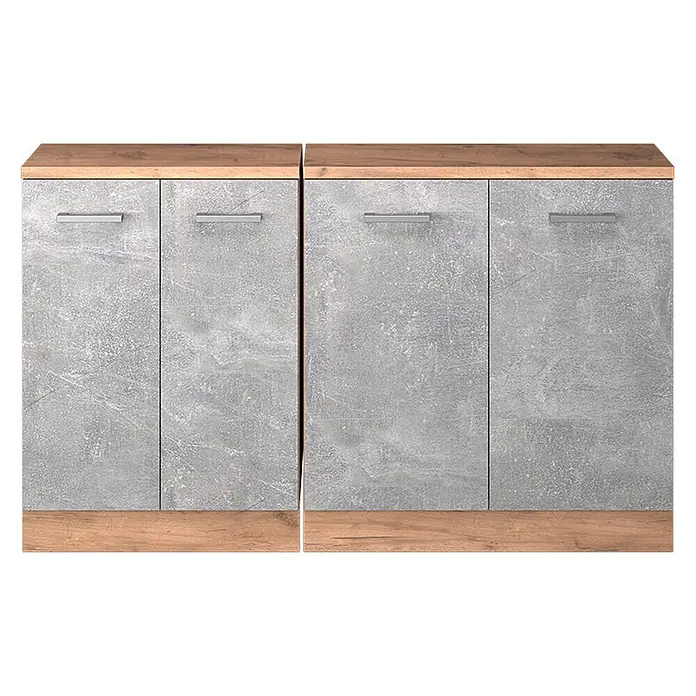 Küchenschrank für Dachschrägen R-Line 140 cm Beton Art.-Nr. 60255 -  - Zwei Schränke mit heller Holzoptik-Oberplatte und -Sockel sowie grauen Türen in Betonoptik mit silbernen Griffen.