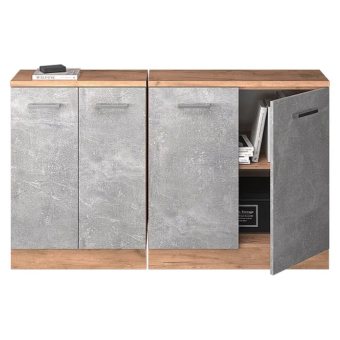 Küchenschrank für Dachschrägen R-Line 140 cm Beton Art.-Nr. 60255 -  - Zweiteiliges Sideboard mit Holzoptik-Oberfläche und grauen Betonoptik-Türen, eine Tür offen mit Stauraum.