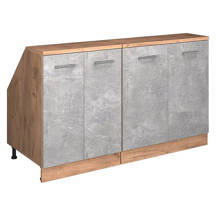 Küchenschrank für Dachschrägen R-Line 140 cm Beton Art.-Nr. 60255 -  - Modernes viertüriges Sideboard mit hellem Holzrahmen und grauen Türen in Betonoptik. Mit abgeschrägter linker Seite und Metallgriffen.