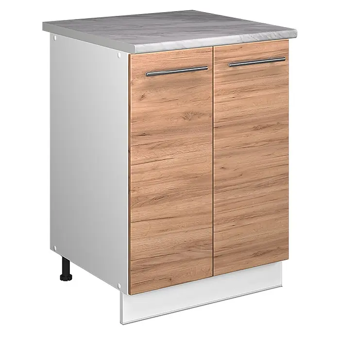 Spülenunterschrank Fame-Line 60 cm Goldkraft Eiche Art.-Nr. 65092 -  - Küchenunterschrank mit grauer Marmor-Arbeitsplatte, weißem Korpus, zwei Holztüren mit silbernen Griffen und weißer Sockelleiste.