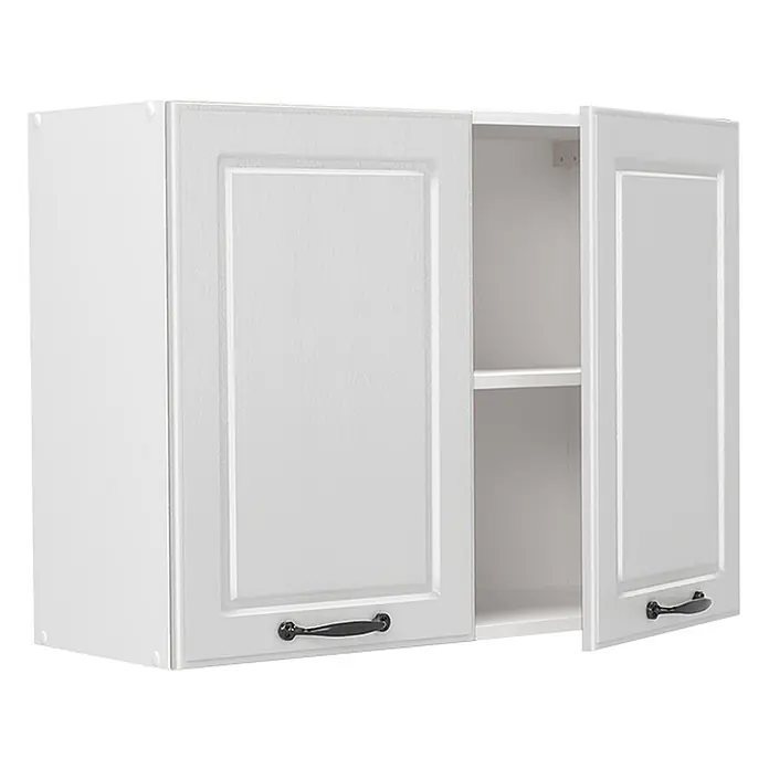 Küchenglasschrank R-Line 80 cm Weiß Landhaus Art.-Nr. 71451 -  - Weißer Wandschrank mit zwei Kassettentüren, eine offen mit Regal, schwarzen Griffen.
