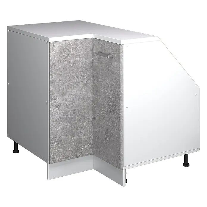 Küchenschrank für Dachschrägen R-Line 75.6 cm Beton Art.-Nr. 60127 -  - L-förmiger Küchenunterschrank mit strukturierter grauer Front, weißer Platte, grauen Seiten, Sockel und verstellbaren Füßen.