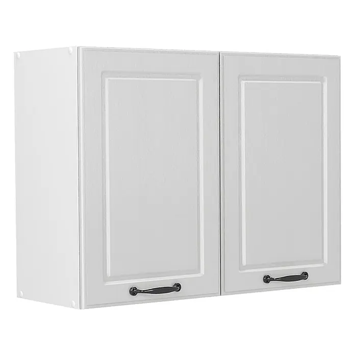 Küchenglasschrank R-Line 80 cm Weiß Landhaus Art.-Nr. 71451 -  - Weißer zweitüriger Wandschrank mit strukturierten Türen und schwarzen gebogenen Griffen.