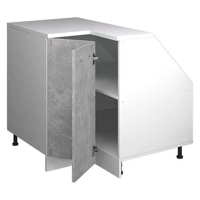 Küchenschrank für Dachschrägen R-Line 75.6 cm Beton Art.-Nr. 60127 -  - Eckunterschrank mit weißem Korpus und offener grauer Betonoptik-Tür, innen mit Regalböden.