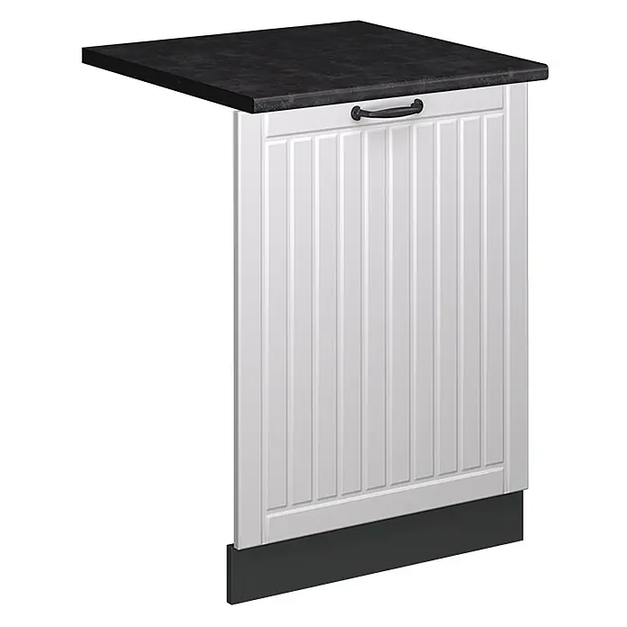 Geschirrspülblende Fame-Line 60 cm Weiß Landhaus Art.-Nr. 55243 -  - Weißer Küchenschrank-Endblock mit schwarzer Arbeitsplatte, vertikalem Lattenpanel, schwarzem Griff und dunkler Sockelleiste.