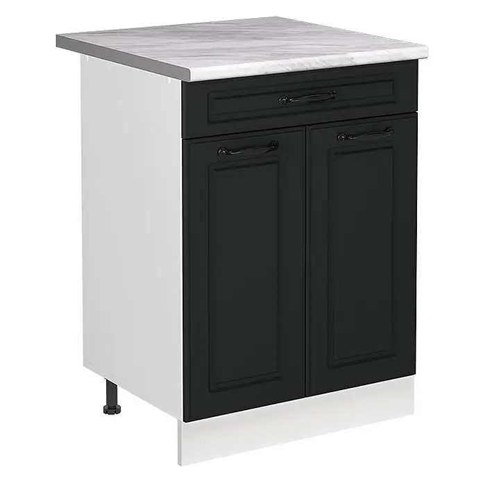 Spülenunterschrank R-Line 60 cm Anthrazit Landhaus Art.-Nr. 72990 -  - Weißer Küchenunterschrank mit schwarzen Ziertüren und Schublade, weißer Marmor-Arbeitsplatte, schwarzen Griffen und Sockelleiste.