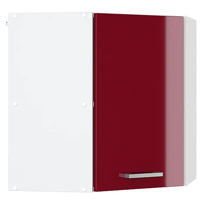 Küchenfront R-Line 36.4 cm Rot Hochglanz Art.-Nr. 41243 -  - Kücheneckwandschrank mit weißen und roten Hochglanztüren; die rote Tür hat einen silbernen Griff.