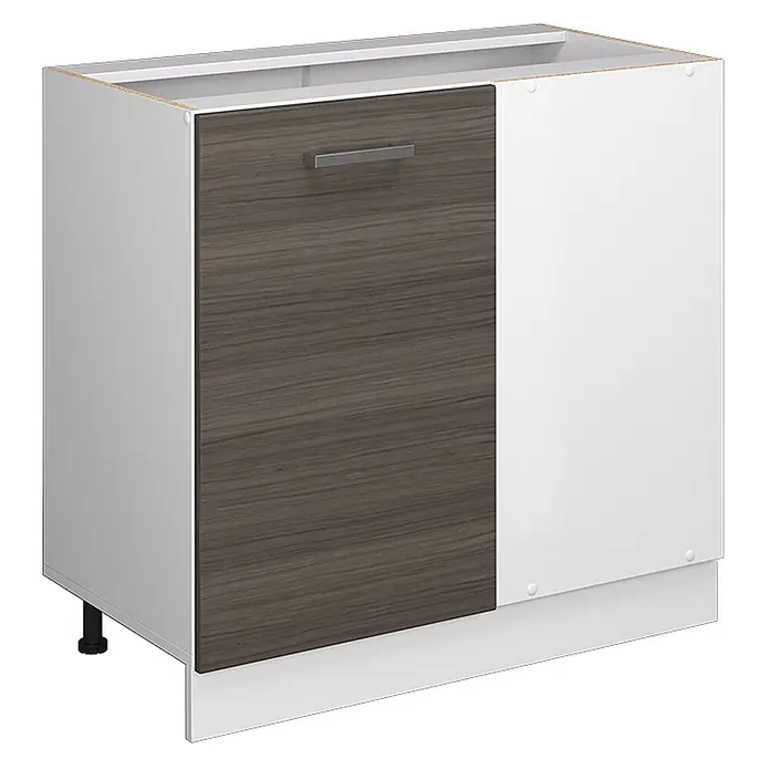 Küchenfront R-Line 39.6 cm Edelgrau Art.-Nr. 37355 -  - Weißer Küchenunterschrank mit dunkelbrauner Holzschublade, silbernem Griff und weißer Sockelblende.