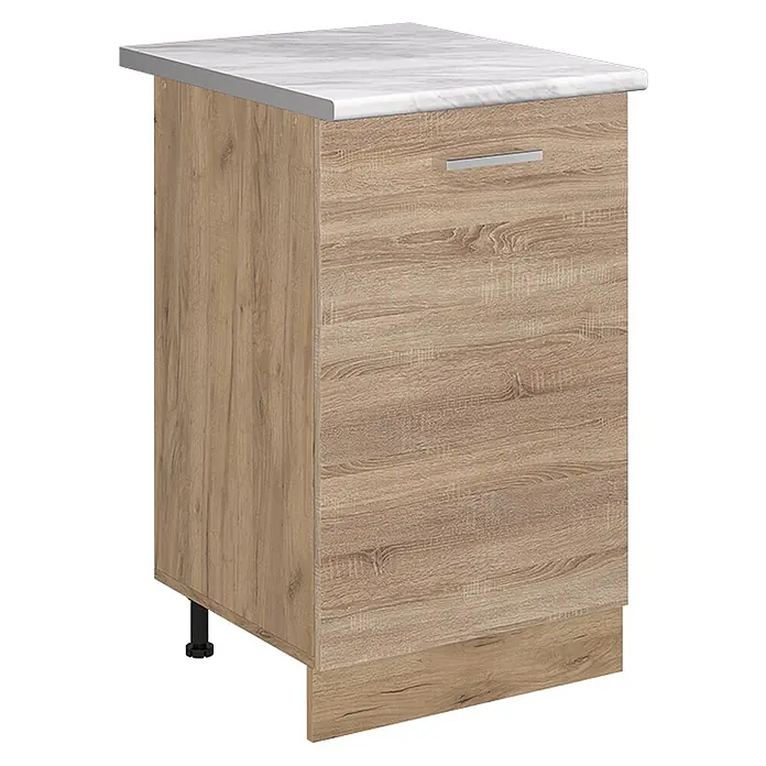 Küchenunterschrank R-Line 50 cm Sonoma Art.-Nr. 70409 -  - Küchenunterschrank in heller Holzoptik mit Schublade und weißer Marmor-Arbeitsplatte.