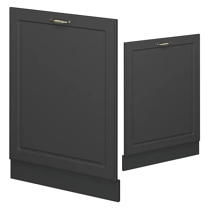 Geschirrspülblende Fame-Line 60 cm Anthrazit-Gold Landhaus Art.-Nr. 56504 -  - Zwei dunkelgraue Küchenabschlussplatten mit Sockelleisten, Rahmenprofil und messingfarbenen Griffen.