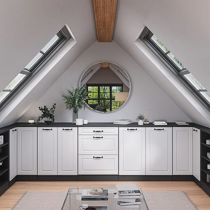Küchenschrank für Dachschrägen R-Line 80 cm Weiß Landhaus Art.-Nr. 61797 -  - Weiße modulare Dachschrägenschränke mit schwarzen Arbeitsplatten und Griffen, für Dachbodenräume.