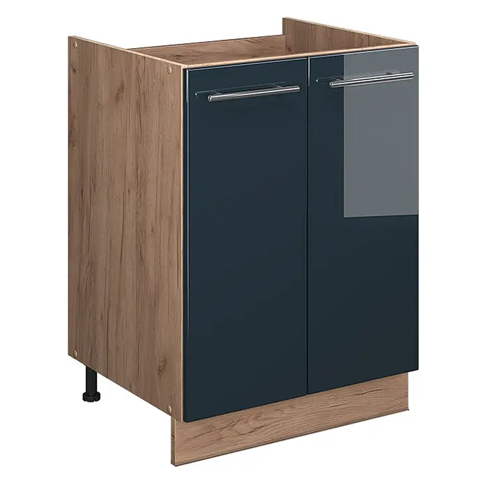 Spülenunterschrank Fame-Line 60 cm Dunkelblau Hochglanz Art.-Nr. 65241 -  - Dunkelblauer Hochglanz-Unterschrank mit zwei Türen, Holzdekor-Seiten und Sockelleiste, silbernen Griffen für die Küche.