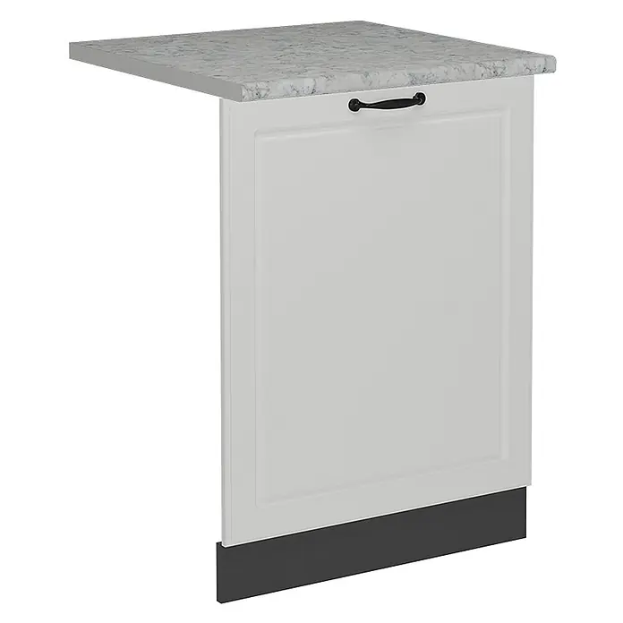 Geschirrspülblende R-Line 60 cm Weiß Landhaus Art.-Nr. 55078 -  - Weiße Küchenschrank-Endplatte mit hellgrau gesprenkelter Arbeitsplatte, schwarzem Griff und dunkelgrauem Sockel.