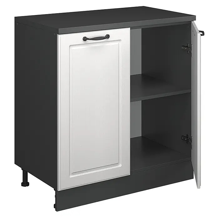 Küchenschrank für Dachschrägen R-Line 80 cm Weiß Landhaus Art.-Nr. 61797 -  - Zweiteiliger dunkelgrauer Küchenunterschrank mit weißer Tür, schwarzem Griff und Ablage. Verstellbare Füße.