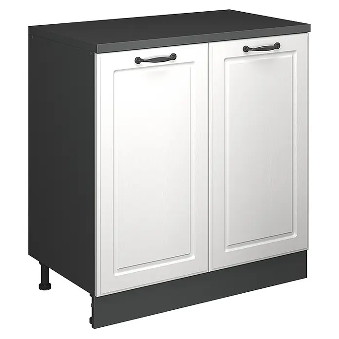 Küchenschrank für Dachschrägen R-Line 80 cm Weiß Landhaus Art.-Nr. 61797 -  - Dunkelgrauer Unterschrank mit weißen Kassettenfronten, schwarzen Griffen und dunkelgrauer Arbeitsplatte.