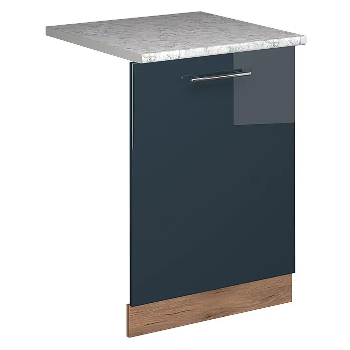 Geschirrspülblende Fame-Line 60 cm Dunkelblau Hochglanz Art.-Nr. 54847 -  - Dunkelblauer Küchenunterschrank mit glänzender Tür, silbernem Griff, weißer Marmor-Look-Arbeitsplatte und braunem Holzoptik-Sockel.