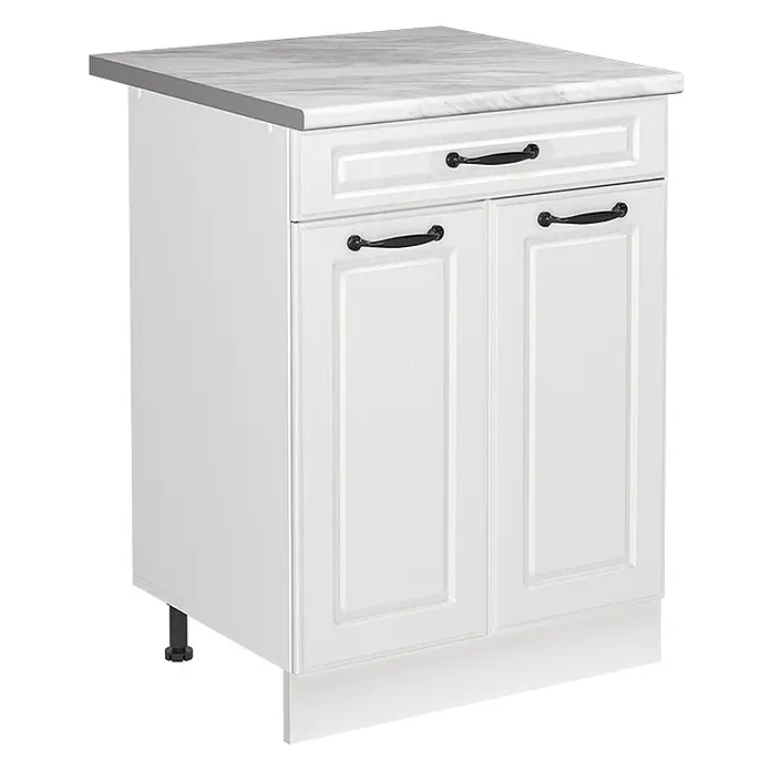 Spülenunterschrank R-Line 60 cm Weiß Landhaus Art.-Nr. 73038 -  - Weißer Küchenunterschrank mit grauer Marmor-Arbeitsplatte, einer Schublade und zwei Schranktüren mit schwarzen Griffen.
