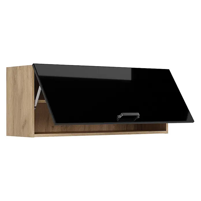 Hängeschrank R-Line 100 cm Schwarz Hochglanz Art.-Nr. 63136 -  - Wandschrank mit hellem Holzdekor und schwarzer Hochglanz-Klapptür, teilweise geöffnet.