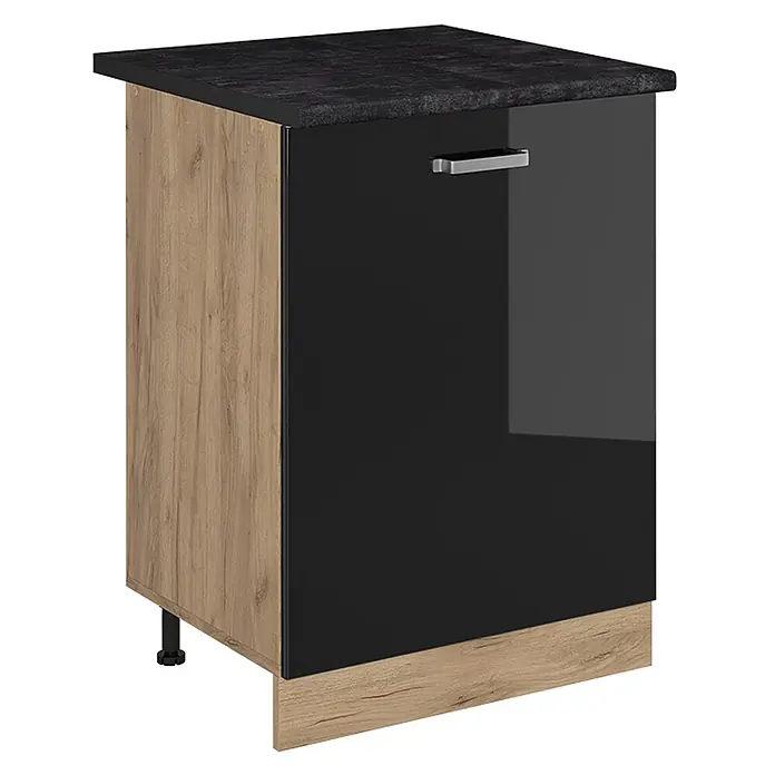 Küchenunterschrank R-Line 60 cm Schwarz Hochglanz Art.-Nr. 72199 -  - Küchenunterschrank mit schwarzer Arbeitsplatte, Holzseitenwand, glänzender schwarzer Tür und Griff.