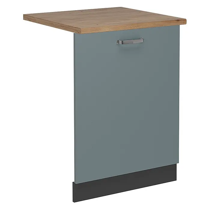 Geschirrspülblende R-Line 60 cm Blau-Grau Art.-Nr. 54995 -  - Graublauer Küchenunterschrank mit heller Holz-Arbeitsplatte, silbernem Griff und dunkelgrauer Sockelleiste.