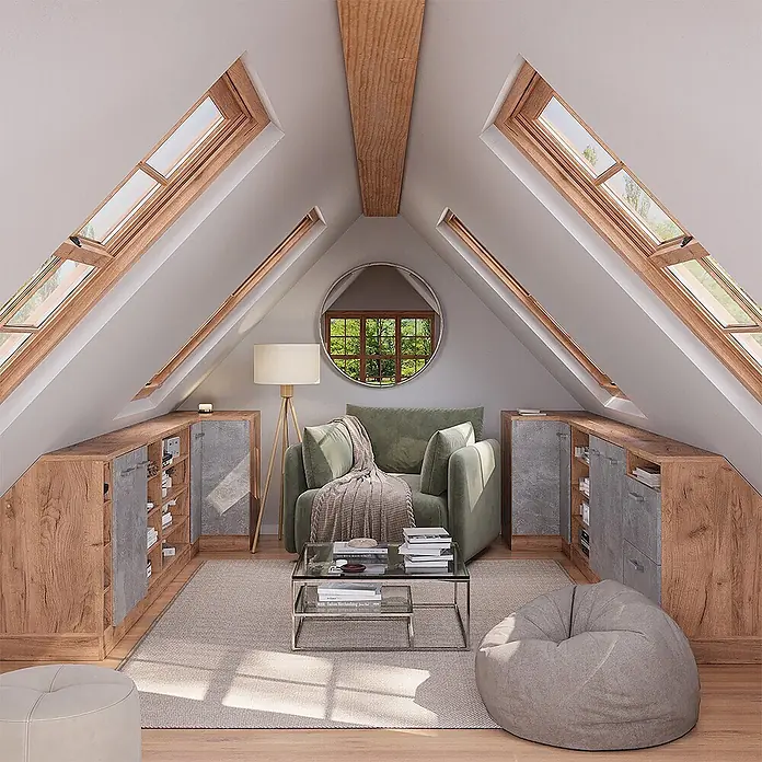 Küchenschrank für Dachschrägen R-Line 60 cm Goldkraft Eiche Art.-Nr. 60245 -  - Gemütliches Dachzimmer mit Holz- und grauen modularen Aufbewahrungseinheiten, grünem Sessel und Glastisch.