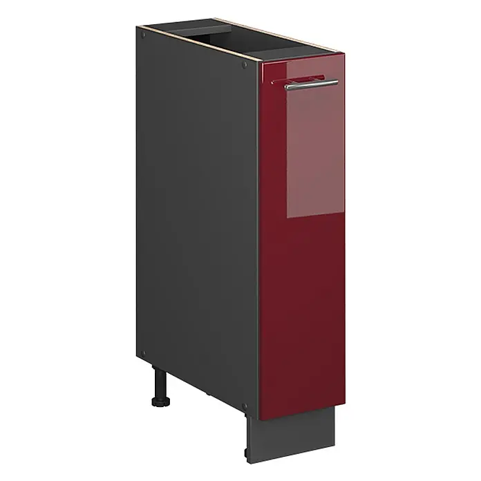 Apothekerschrank Fame-Line 20 cm Bordeaux Hochglanz Art.-Nr. 61682 -  - Schmaler dunkelgrauer Küchenunterschrank mit glänzend roter Auszugsfront und silbernem Griff, auf verstellbaren Füßen.