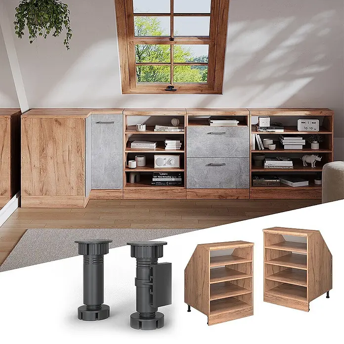 Küchenschrank für Dachschrägen R-Line 60 cm Goldkraft Eiche Art.-Nr. 60245 -  - Modulares Regal in Holzoptik und Grau. Separate Ansicht von verstellbaren Füßen und kleinen Holzregalmodulen.