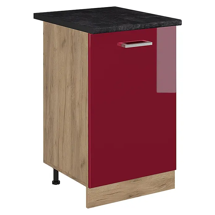 Küchenunterschrank R-Line 50 cm Rot Hochglanz Art.-Nr. 70370 -  - Roter Hochglanz-Küchenunterschrank mit schwarzer Arbeitsplatte, heller Holzseitenwand und silbernem Griff.