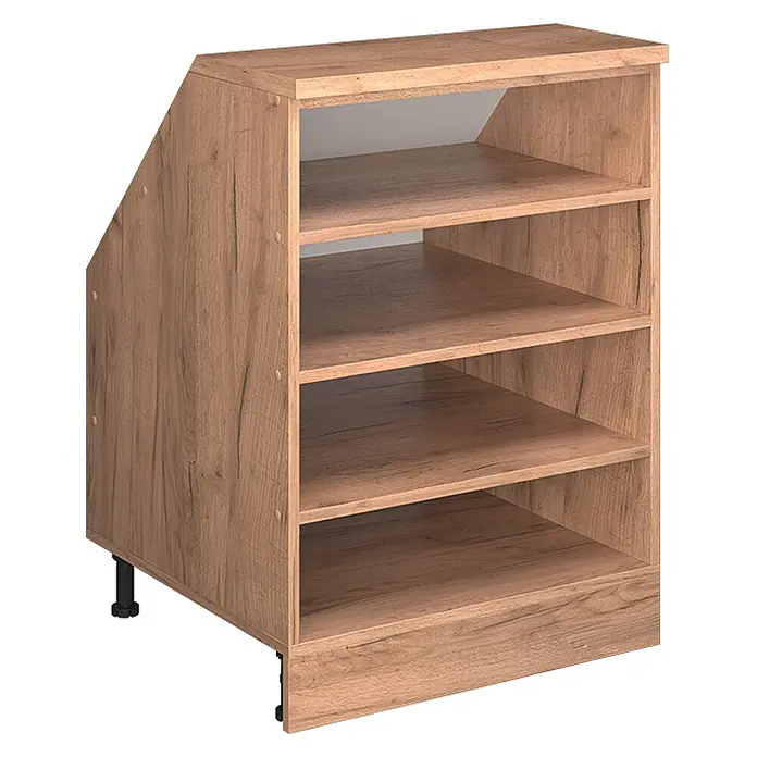 Küchenschrank für Dachschrägen R-Line 60 cm Goldkraft Eiche Art.-Nr. 60245 -  - Heller Holzmaserung-Unterschrank mit abgeschrägter Seite und offenen Fächern auf verstellbaren Füßen.