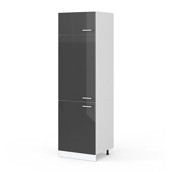 Küchenfront R-Line 59.6 cm Anthrazit Hochglanz Art.-Nr. 29217 -  - Hoher Küchenschrank mit glänzend grauen Türen und weißem Korpus, mit silbernen Griffen.