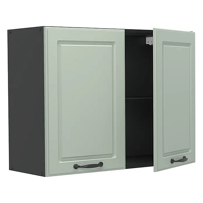 Hängeschrank R-Line 80 cm Mint Landhaus Art.-Nr. 72305 -  - Hellgrüner Küchenoberschrank mit zwei Türen, eine leicht geöffnet, und dunklen Griffen.