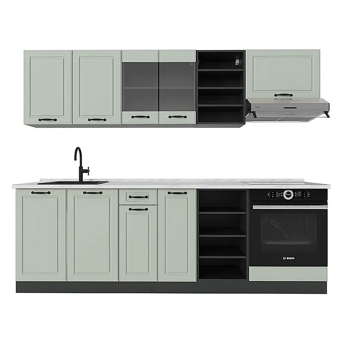Küchenzeile R-Line 240 cm Mint Landhaus Art.-Nr. 70852 -  - Hellgrüne Küche mit Ober- und Unterschränken, schwarzer Spüle und Wasserhahn, Bosch-Ofen und Dunstabzugshaube. Einige Oberschränke haben Glastüren.