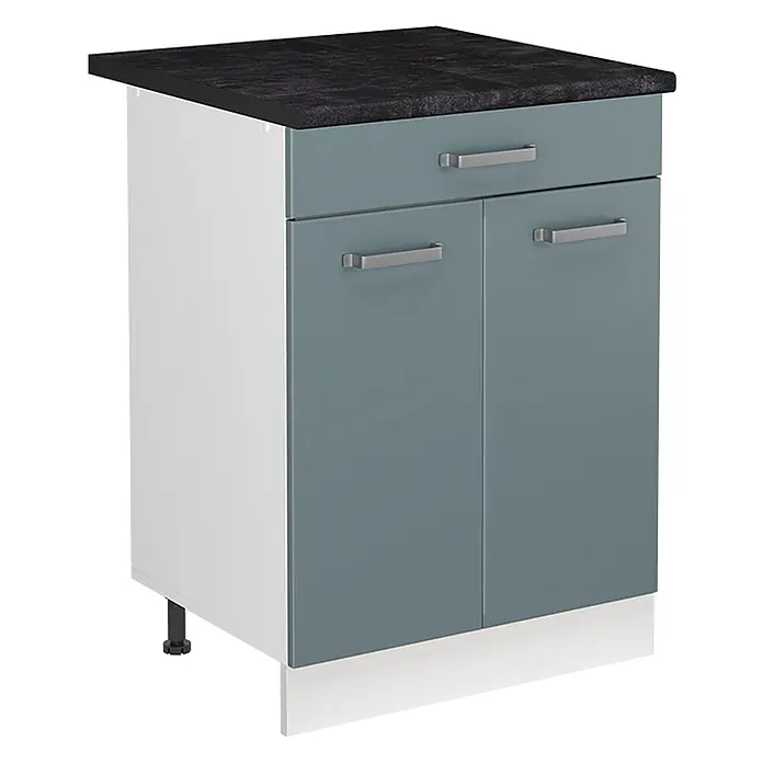 Spülenunterschrank R-Line 60 cm Blau-Grau Art.-Nr. 72996 -  - Küchenunterschrank mit dunkelgrauer Arbeitsplatte, graublauer Schublade und zwei Türen. Weiße Seitenwand und Sockel.