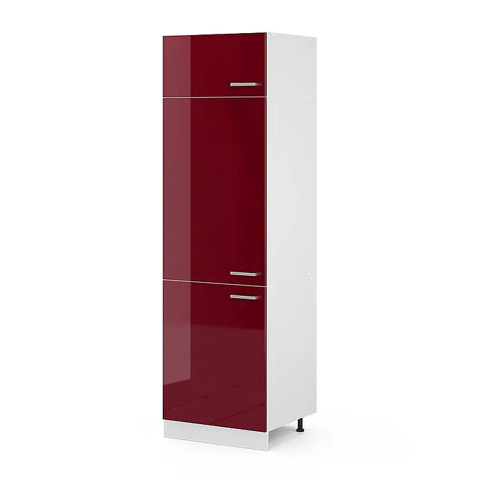 Küchenfront R-Line 59.6 cm Rot Hochglanz Art.-Nr. 41244 -  - Hoher zweifarbiger Lagerschrank mit hochglänzenden roten Türen, weißem Rahmen und silbernen Griffen.