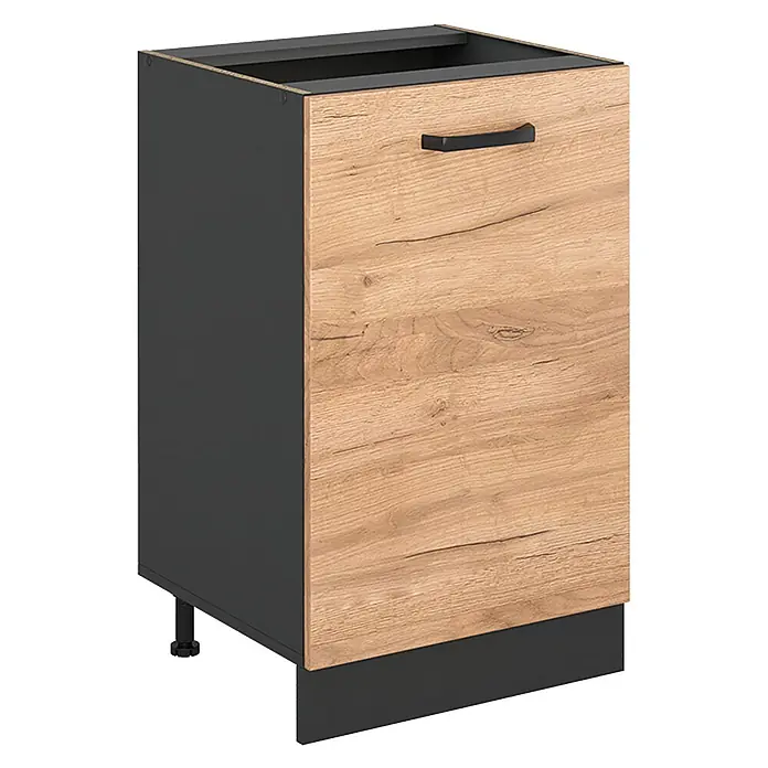 Küchenunterschrank R-Line 50 cm Goldkraft Eiche Art.-Nr. 70283 -  - Unterschrank mit dunkelgrauem Korpus, heller Holzoptik-Tür, schwarzem Griff, verstellbaren Füßen und Sockelblende.