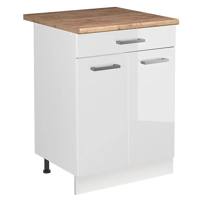 Spülenunterschrank R-Line 60 cm Weiß Hochglanz Art.-Nr. 73033 -  - Weißer Küchenunterschrank mit Holzplatte, einer Schublade und zwei Schranktüren mit grauen Griffen.