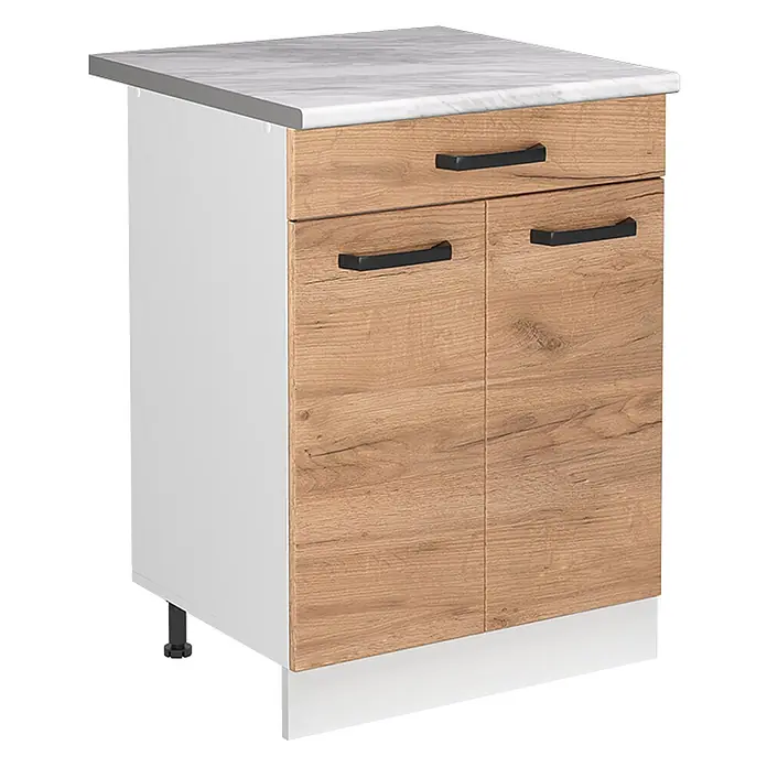 Spülenunterschrank R-Line 60 cm Goldkraft Eiche Art.-Nr. 73010 -  - Weißer Unterschrank mit Schublade und zwei Türen im Eicheneffekt, Marmor-Arbeitsplatte, schwarzen Griffen.
