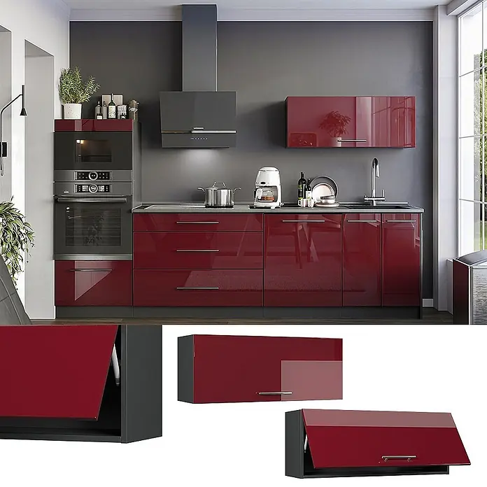 Hängeschrank Fame-Line 100 cm Bordeaux Hochglanz Art.-Nr. 61574 -  - Dunkelrote Hochglanz-Küchenschränke mit Hängeschrank und Gasfeder-Hebemechanismus.