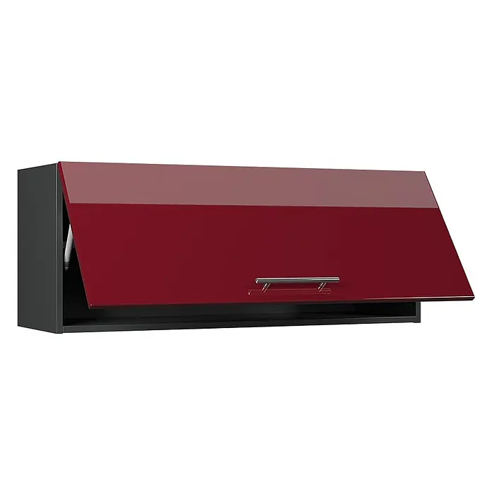 Hängeschrank Fame-Line 100 cm Bordeaux Hochglanz Art.-Nr. 61574 -  - Hochglanz-Küchenhängeschrank in Rot mit grauem Korpus und silbernem Griff, Tür offen.
