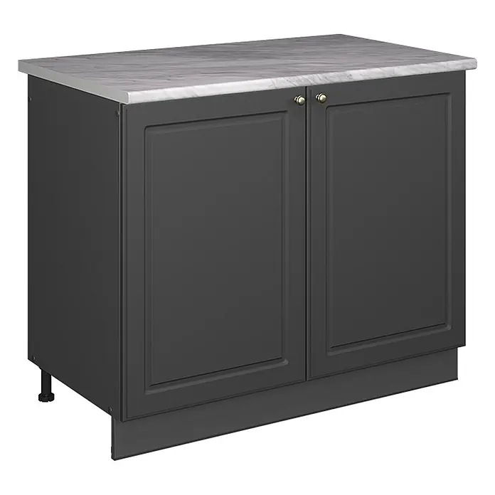 Spülenunterschrank Fame-Line 100 cm Anthrazit-Gold Landhaus Art.-Nr. 61928 -  - Dunkelgrauer Unterschrank mit weißer Marmoroptik-Arbeitsplatte und zwei Kassettentüren mit Messinggriffen.