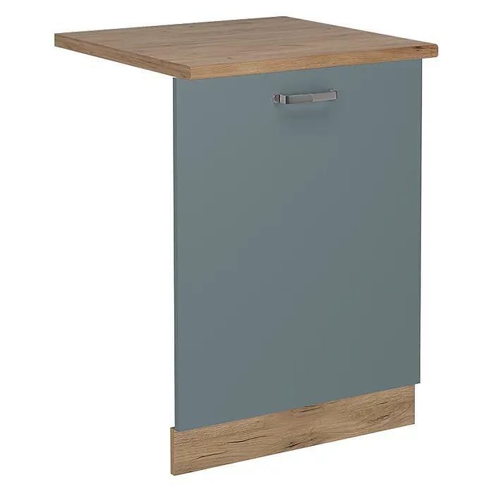 Geschirrspülblende R-Line 60 cm Blau-Grau Art.-Nr. 54989 -  - Kleiner Schrank mit heller Holzplatte und Sockel, blaugrauer Tür und silbernem Griff.