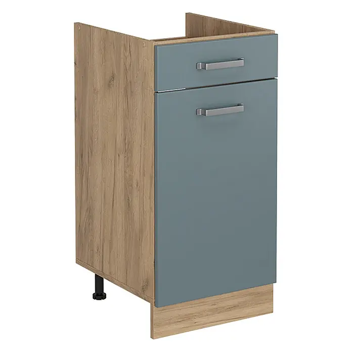 Küchenunterschrank R-Line 40 cm Blau-Grau Art.-Nr. 61164 -  - Küchenunterschrank in Eichenoptik mit blaugrauer Schublade und Tür, ausgestattet mit silbernen Griffen.