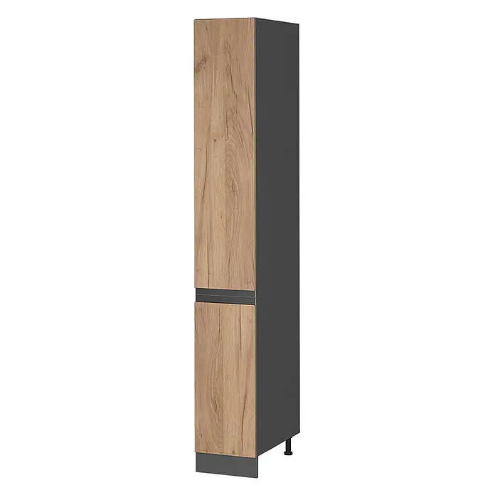 Küchenfront R-Line 29.6 cm Goldkraft Eiche Art.-Nr. 39501 -  - Hoher Vorratsschrank mit zwei hellen Holzmaserungstüren und dunkelgrauem Rahmen, auf schwarzen Füßen.
